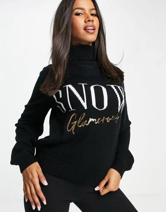 Christmas glamorous slogan sweater in black