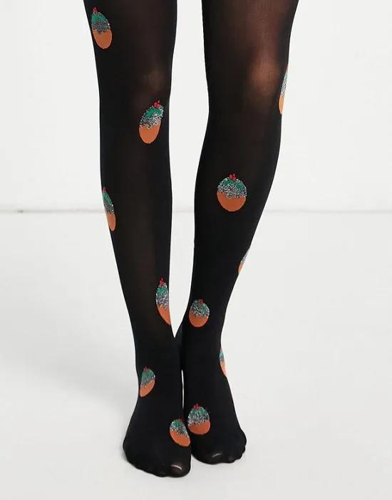 Christmas glitter pudding tights in black