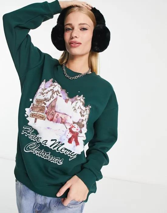 Christmas oversized sweatshirt with retro scenic print in forest green