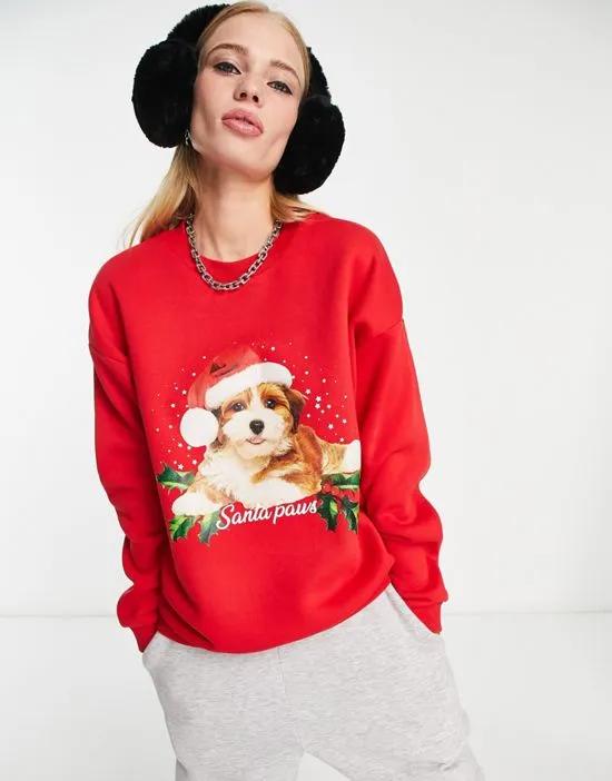 Christmas oversized sweatshirt with Santa Paws print in bright red