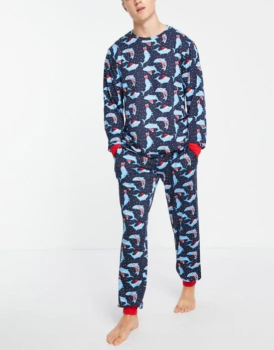 Christmas pajama set in navy whale print