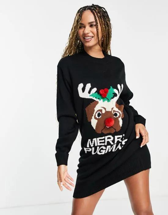 Christmas pug sweater dress in black