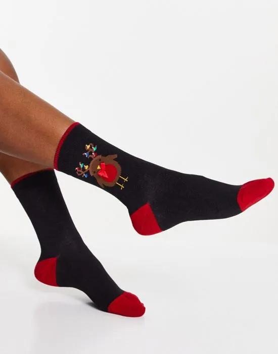 Christmas robin socks in black and red
