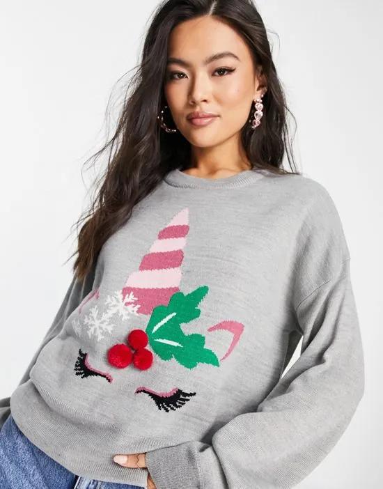 Christmas unicorn sweater in gray