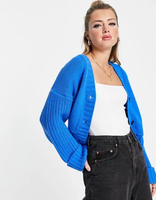 chunky cardigan with rib sleeves in blue