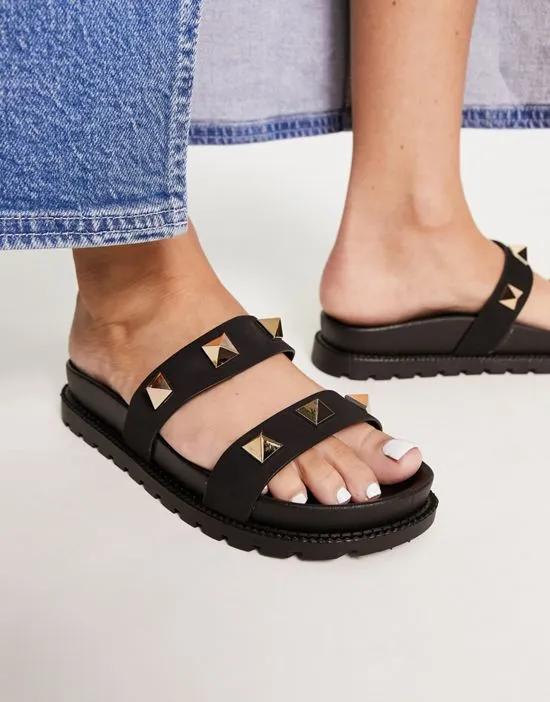 chunky double strap studded jelly sandals in black