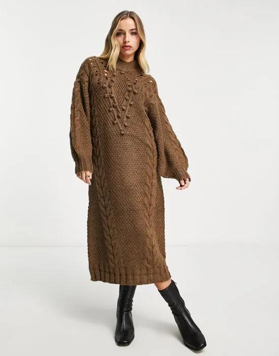 chunky roll neck maxi sweater dress in brown