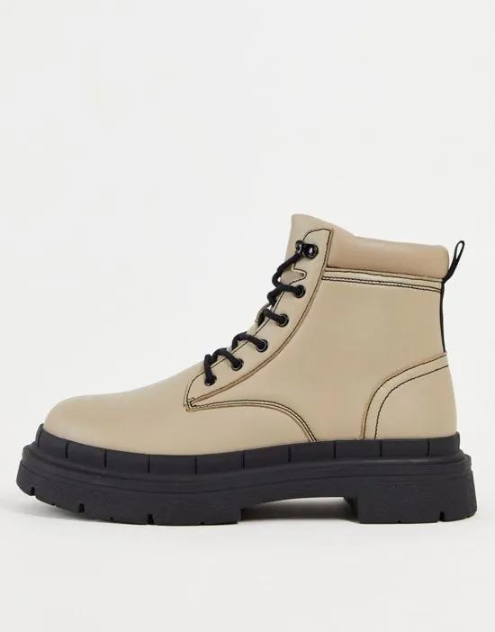 chunky sole lace up boot with contrast stitch in taupe faux leather