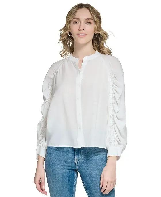 Cinched Long Sleeve Button Front Blouse 