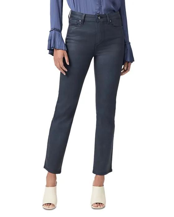 Cindy Coated High Rise Ankle Slim Straight Jeans in Royal Navy Luxe Coating