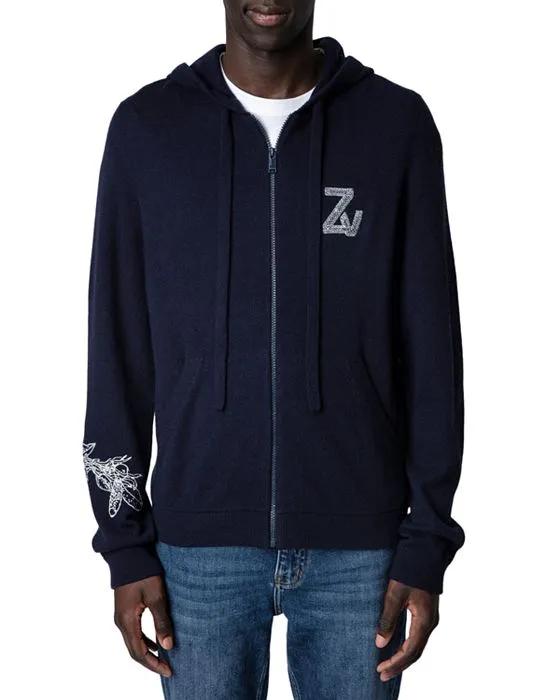 Clash Merino Wool & Cashmere Floral Skull Embroidered Full Zip Hooded Cardigan 