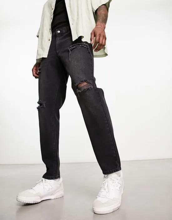 classic rigid jeans with rips in black wash
