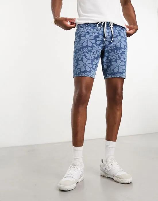 classic rigid regular length denim shorts with flower print in mid wash blue