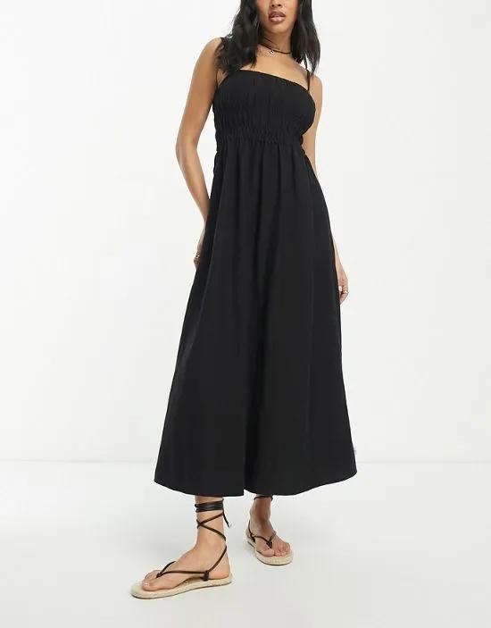 classic shirred maxi summer dress in black