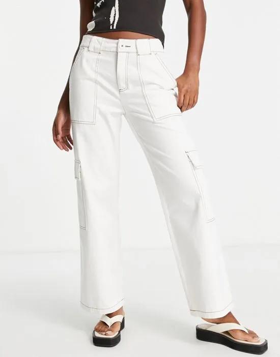 clean cargo pants in white with contrast stitching