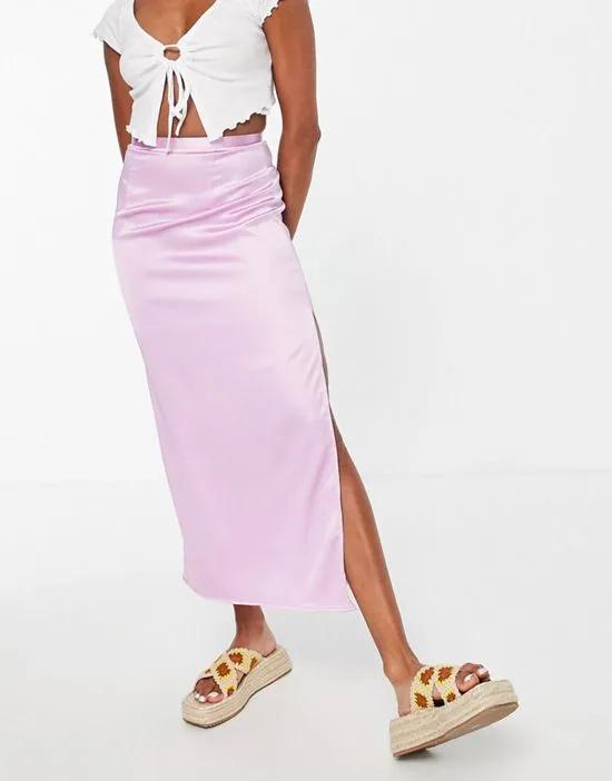 clean waist side split satin midi skirt in lilac