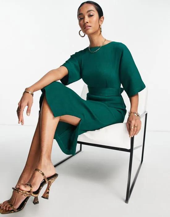 Closet London ribbed pencil dress with tie belt in emerald green