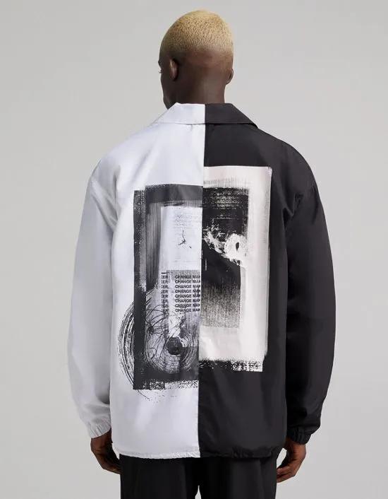 coach jacket in splice with back print in black