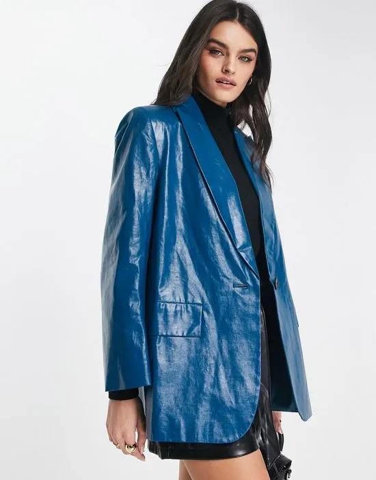 coated canvas grandad coat in blue