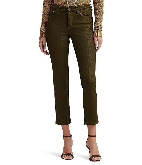Coated Mid-Rise Straight Ankle Jeans in Olive Fern Wash