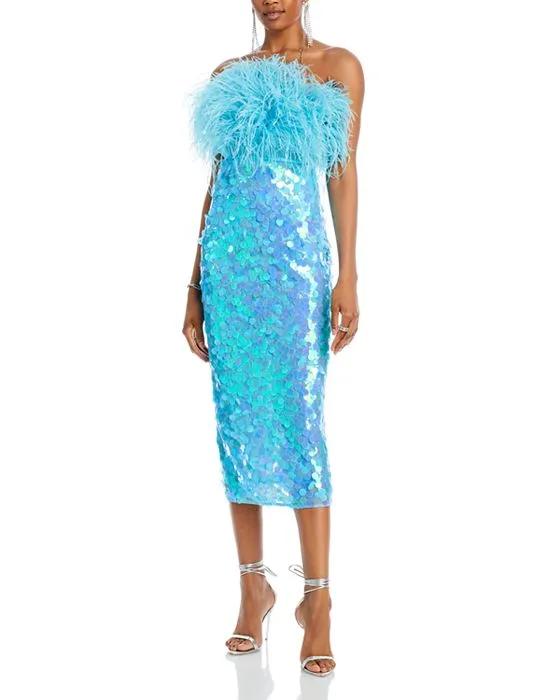 Coco X Afiya Sequined Feather Trim Dress