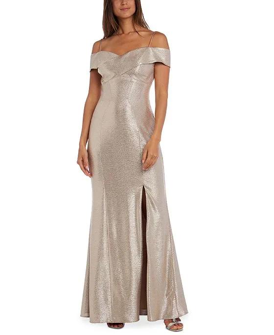 Cold-Shoulder Foil Gown 