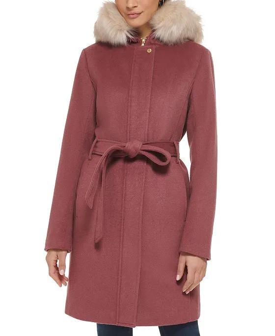 Cole Haan Women's Belted Faux-Fur-Trim Hooded Coat
