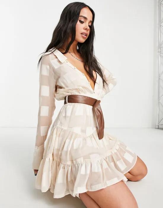 collar mini dress in textured square with belt