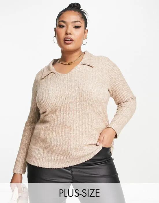 collared long sleeve top in camel