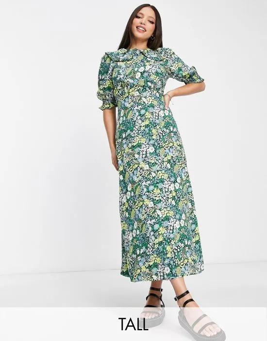 collared puff sleeve midi dress in blue floral