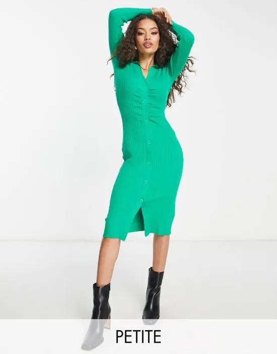 collared ruched button through ribbed midi dress in green