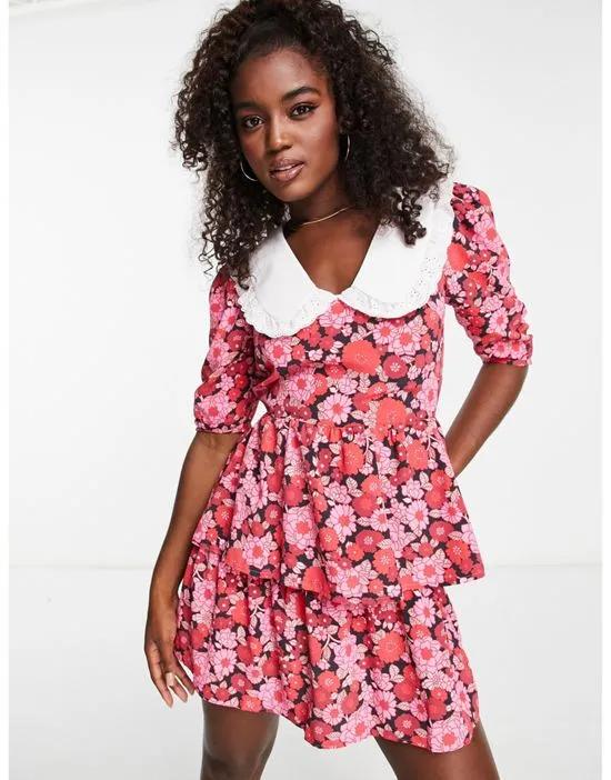 collared ruched sleeve tiered tea dress in pink floral