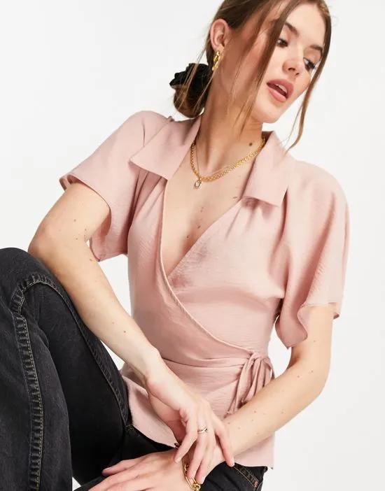collared wrap blouse in blush