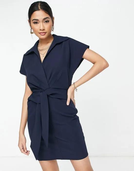 collared wrap front mini dress with knot in navy