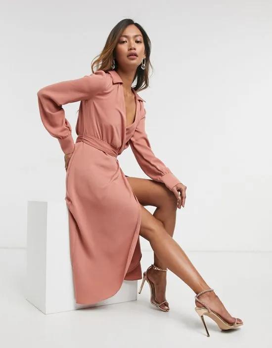 collared wrap midi dress with tie belt in terracotta