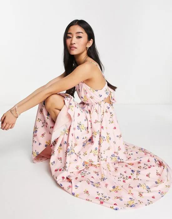 Collective the Label bow back tiered midi dress in pink ditsy floral