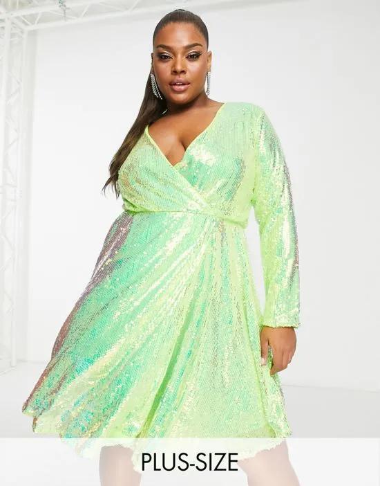 Collective The Label Curve Exclusive sequin wrap mini dress in iridescent lime