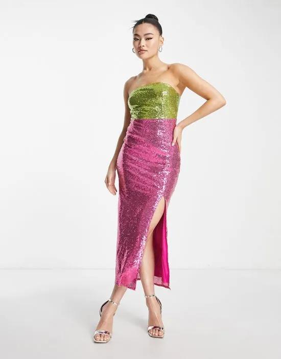 Collective the Label exclusive color block sequin midaxi dress in lime and hot pink