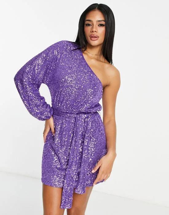 Collective the Label exclusive one sleeve tie waist sequin mini dress in purple