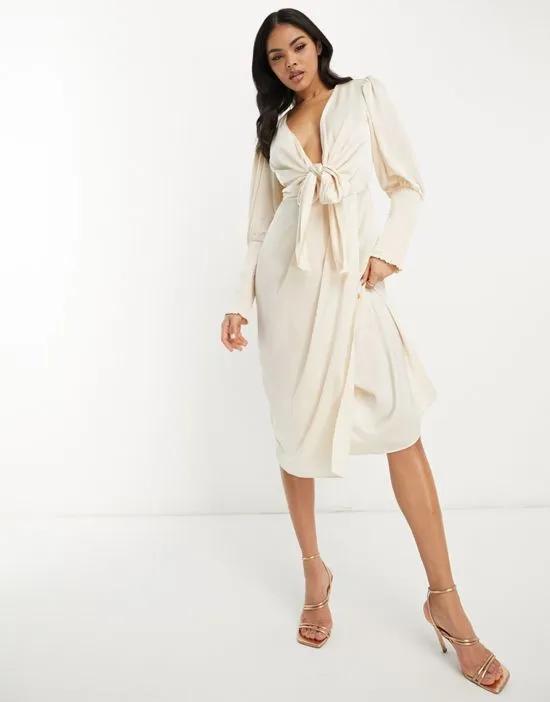 Collective the Label exclusive plunge tie front midi dress in oyster