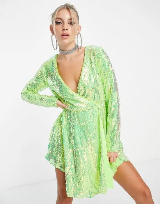 Collective the Label exclusive sequin wrap dress in iridescent lime