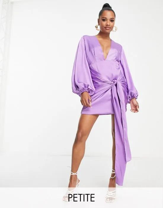 Collective the Label Petite exclusive plunge knot front satin mini dress in purple