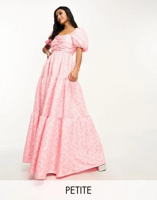 Collective the Label Petite exclusive puff sleeve jacquard maxi dress in pink daisy