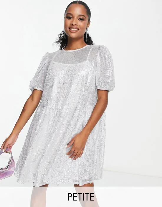 Collective the Label Petite exclusive puff sleeve sequin mini dress in silver