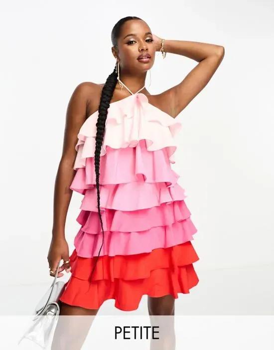Collective the Label Petite exclusive tiered ruffle mini dress in pink and red ombre