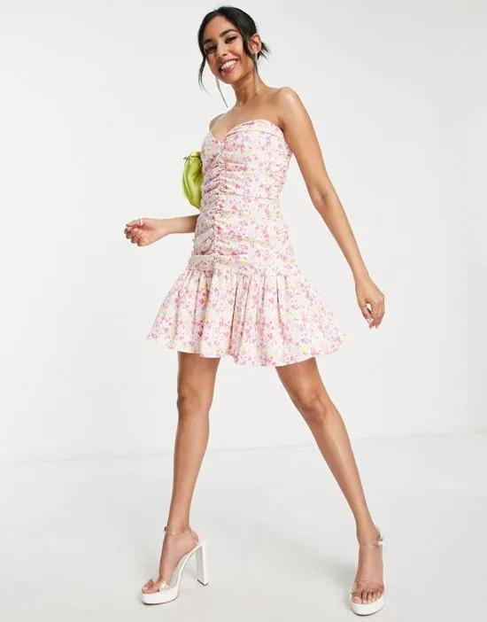 Collective the Label Petite ruched bandeau mini dress in bright ditsy floral
