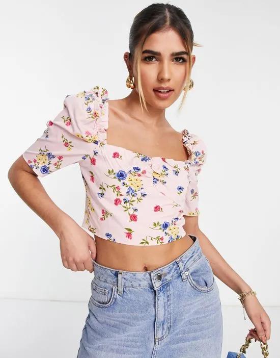 Collective the Label puff sleeve crop top in pink floral - part of a set