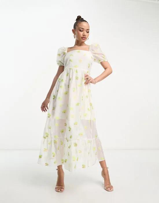 Collective the Label puff sleeve organza tea dress in ivory floral