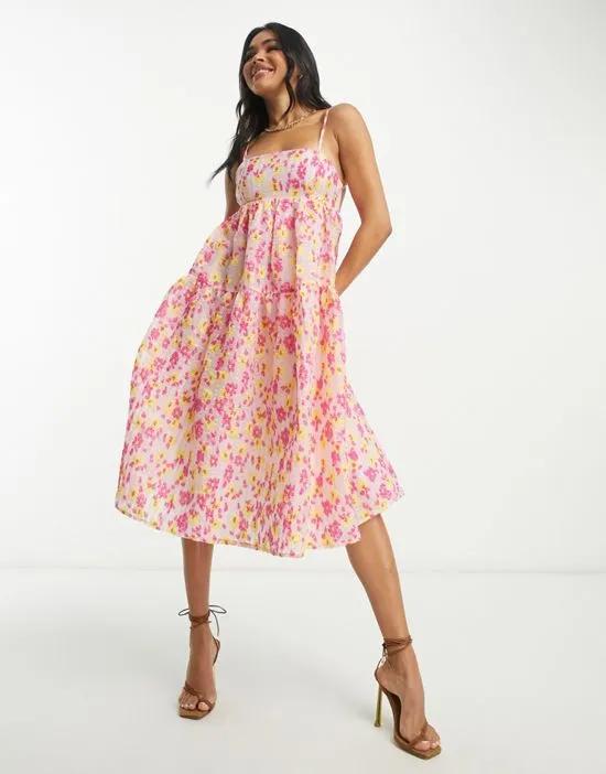 Collective the Label tiered smock dress in textured bright floral