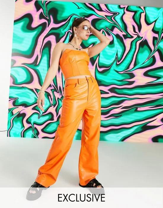 COLLUSION 90s fit faux leather dad pants with carpenter detail and V shape waistband in orange - part of a set
